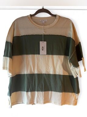 NWT Aemi +Co Oversized Stripe Tee in Sage & Cream - S